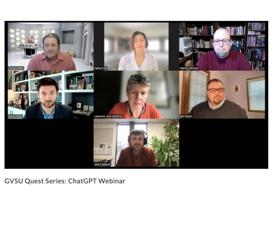A screenshot showing six people participating in a virtual panel webinar titled “GVSU Quest Series: ChatGPT Webinar,” each visible in their own video grid tile with familiar home or office backdrops. Beneath the panel view is the caption text “GV...